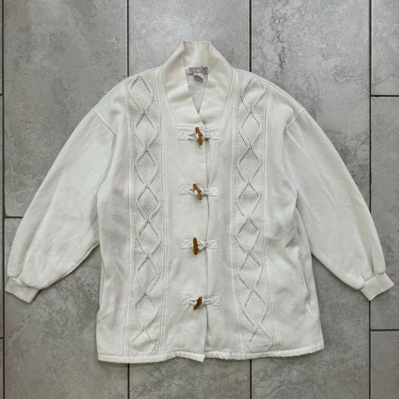 Vintage White Cable Knit Button Up Cardigan Womens Size L - Picture 1 of 9